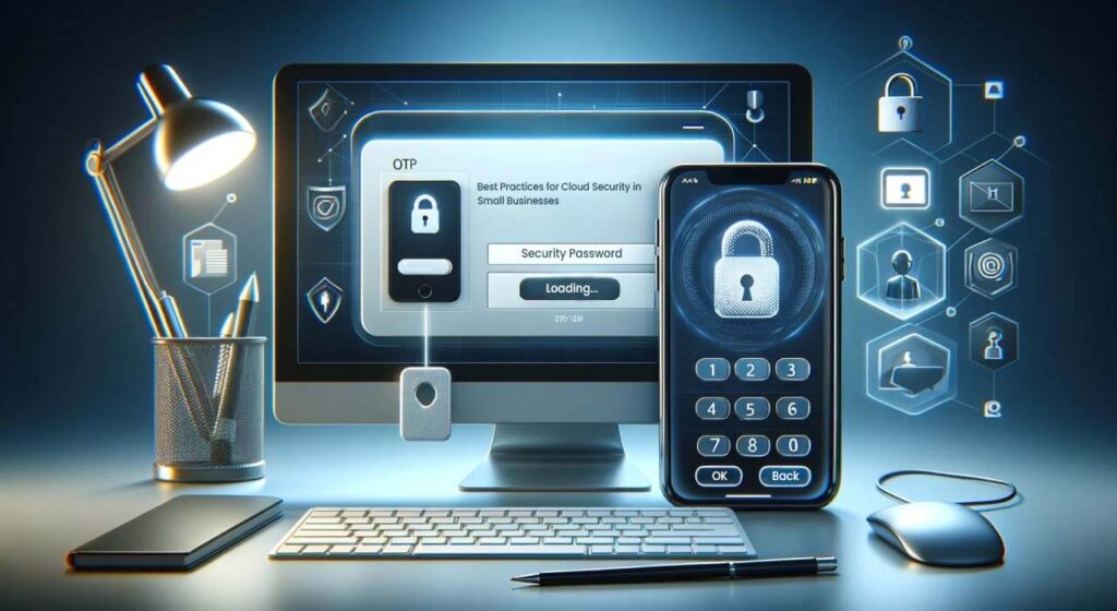 A modern workplace setup illustrating cloud security concepts, featuring a computer with a security interface, a smartphone with a keypad lock, and icons representing encryption and access control
