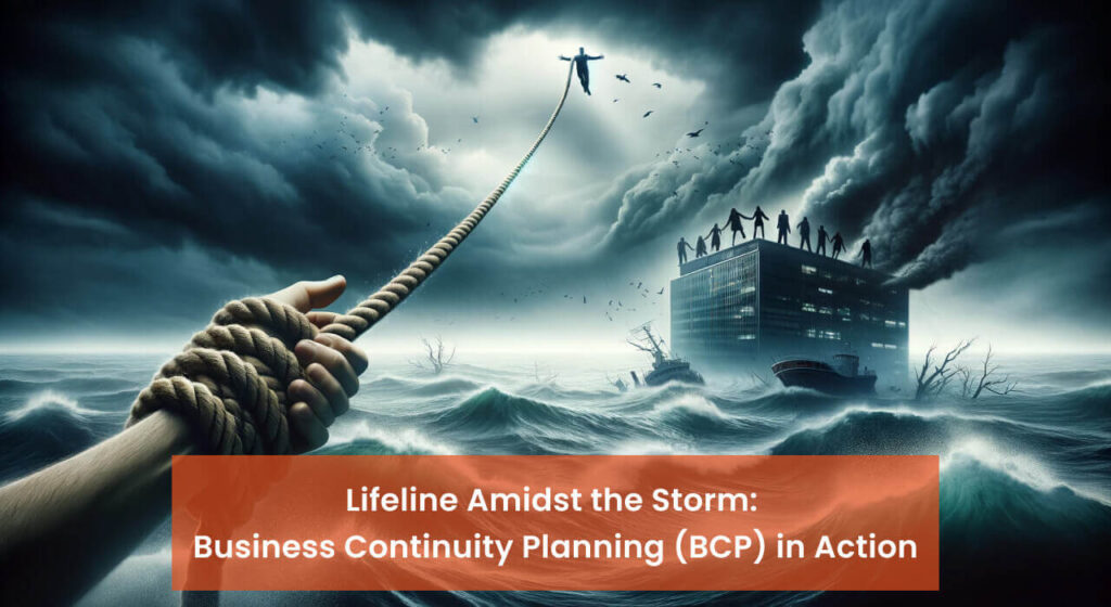 A hand gripping a rope lifeline extending to a group on a building amid stormy seas, depicting business continuity planning in crisis