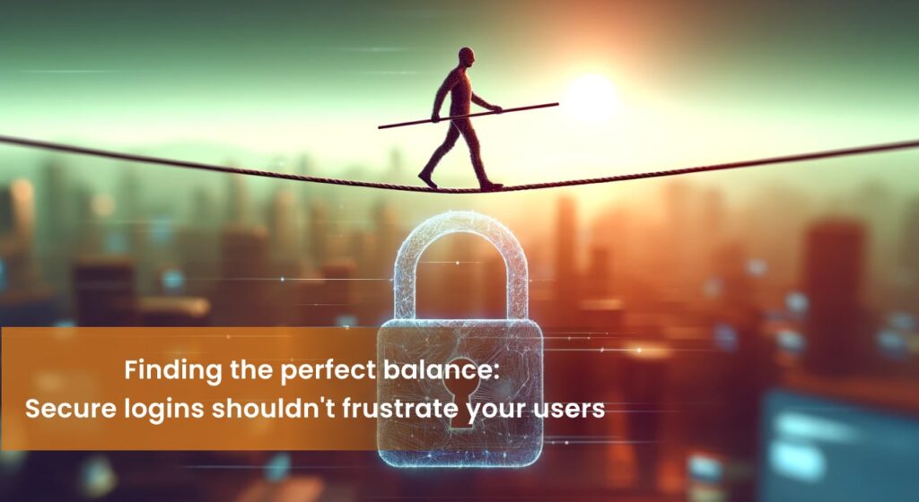 Silhouetted figure tightrope walking above city skyline with a padlock, illustrating the balance between user experience and cybersecurity.