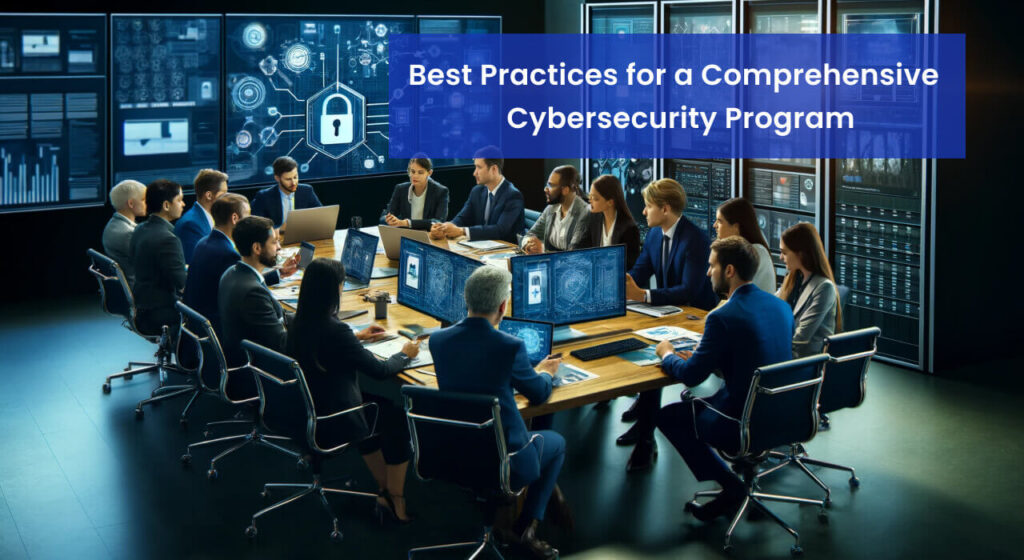 A team of professionals gathered around a conference table, laptops open, with cybersecurity diagrams on screens, illustrating a strategic meeting on best practices for a comprehensive cybersecurity program.