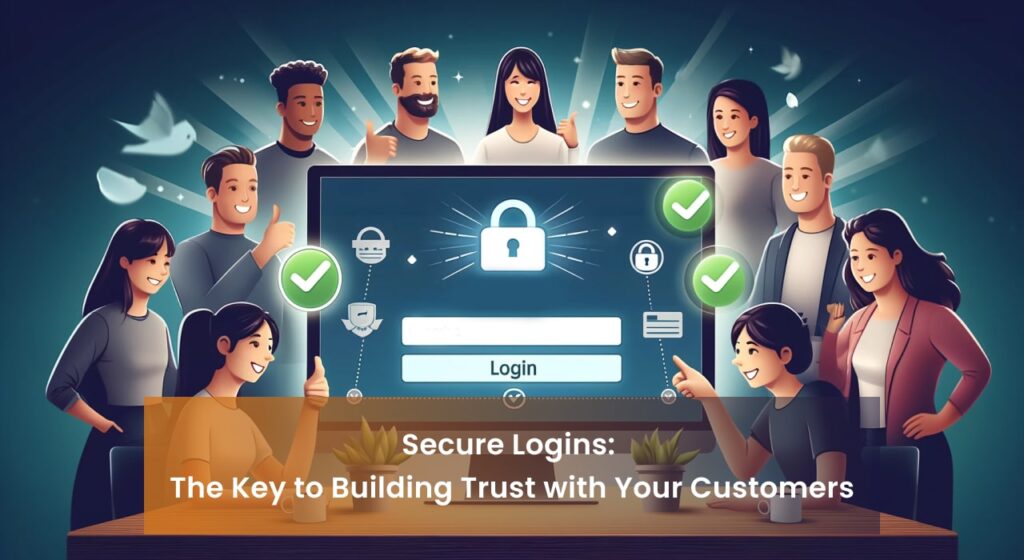 A diverse group of smiling people giving thumbs up around a screen displaying a secure login interface with various security icons and the text 'Secure Logins: The Key to Building Trust with Your Customers'.