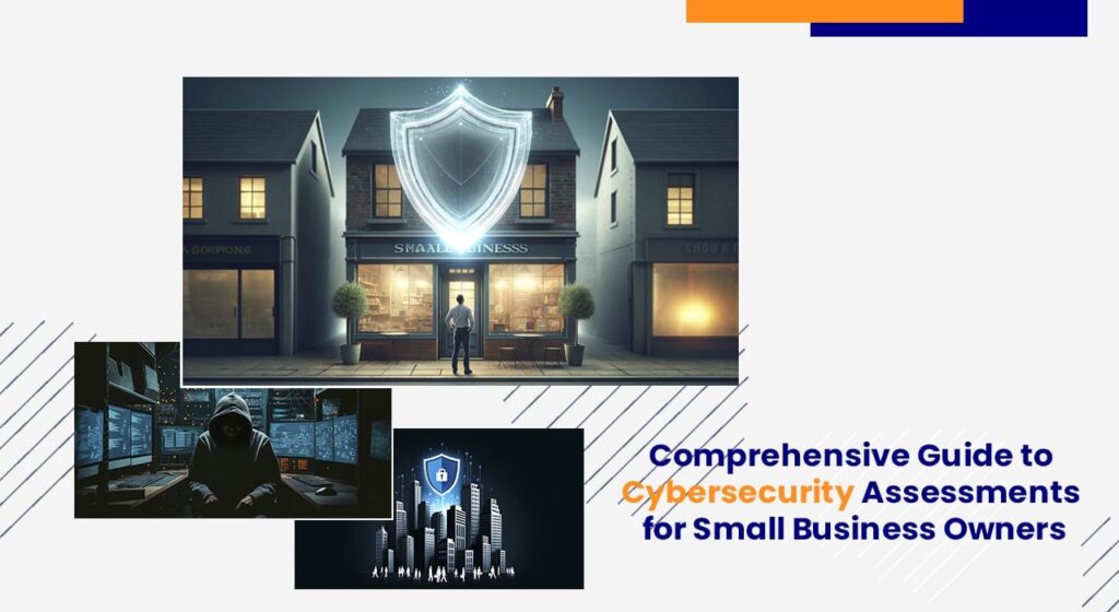 Digital composition showing a small shop protected by a neon cyber shield with informative sections about cybersecurity for small businesses.