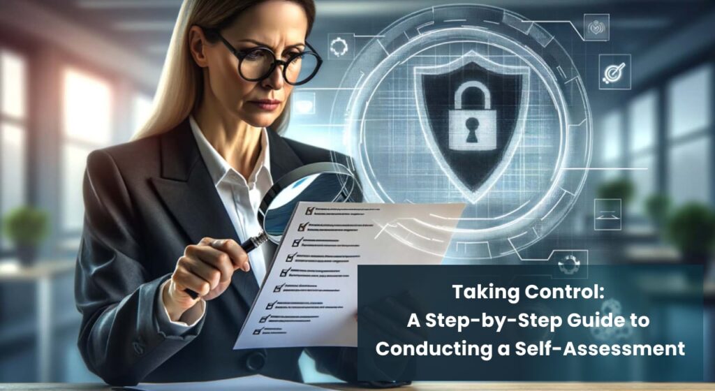 Professional woman examining a cybersecurity self-assessment checklist with a digital security shield in the background.