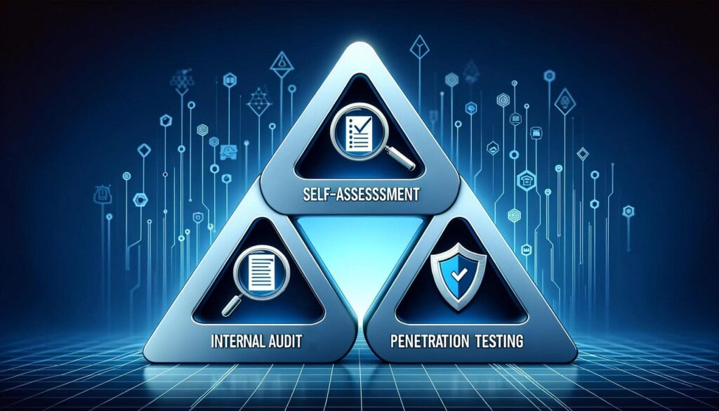Graphic of a triangular diagram with three segments labeled 'Self-Assessment,' 'Internal Audit,' and 'Penetration Testing,' representing types of cybersecurity assessments.