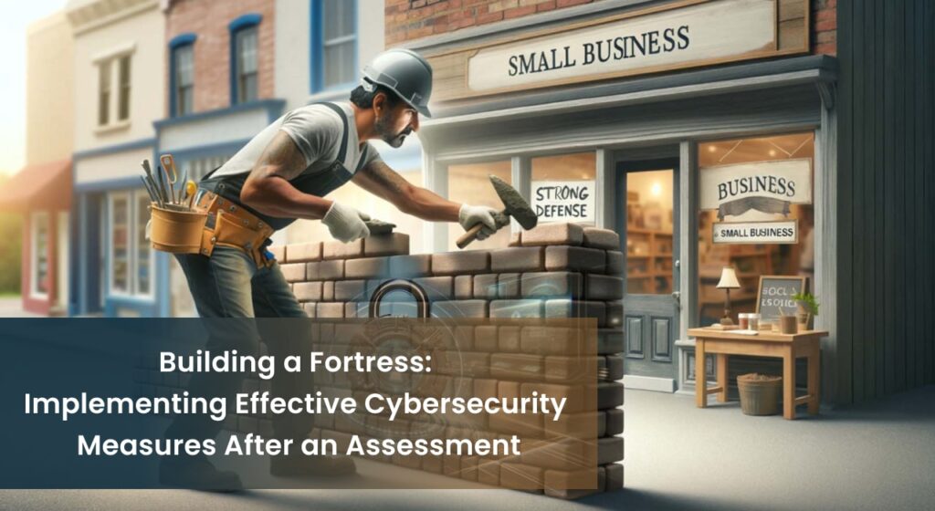 Construction worker building a brick wall with a padlock in front of a small business storefront, symbolizing the implementation of cybersecurity measures
