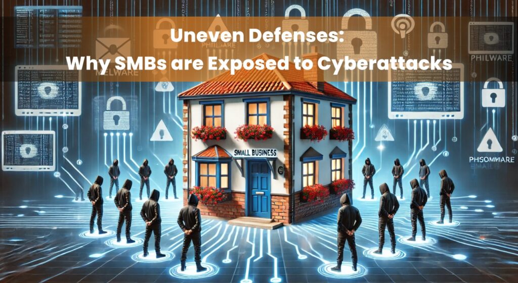 A small business surrounded by hackers in dark clothing and hoodies, with digital data streams and symbols of cyber threats in the background. The image has a header text overlay that reads, "Uneven Defenses: Why SMBs are Exposed to Cyberattacks.