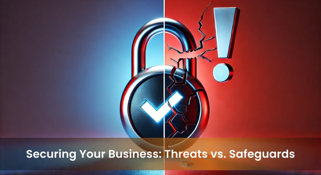 Split image showing a secure padlock with a checkmark on the left and a cracked padlock with an exclamation mark on the right, symbolizing cybersecurity threats and safeguards