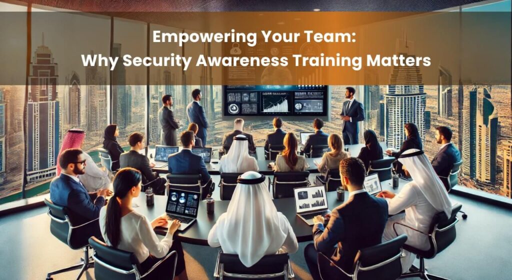 Business professionals in a modern Dubai conference room attend a cyber security training session. The instructor presents data on a large screen, with the Dubai skyline visible through large windows.