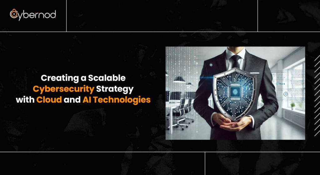 A person in a suit holding a shield with a circuit board design, symbolizing the integration of cloud and AI technologies in scalable cybersecurity strategies.
