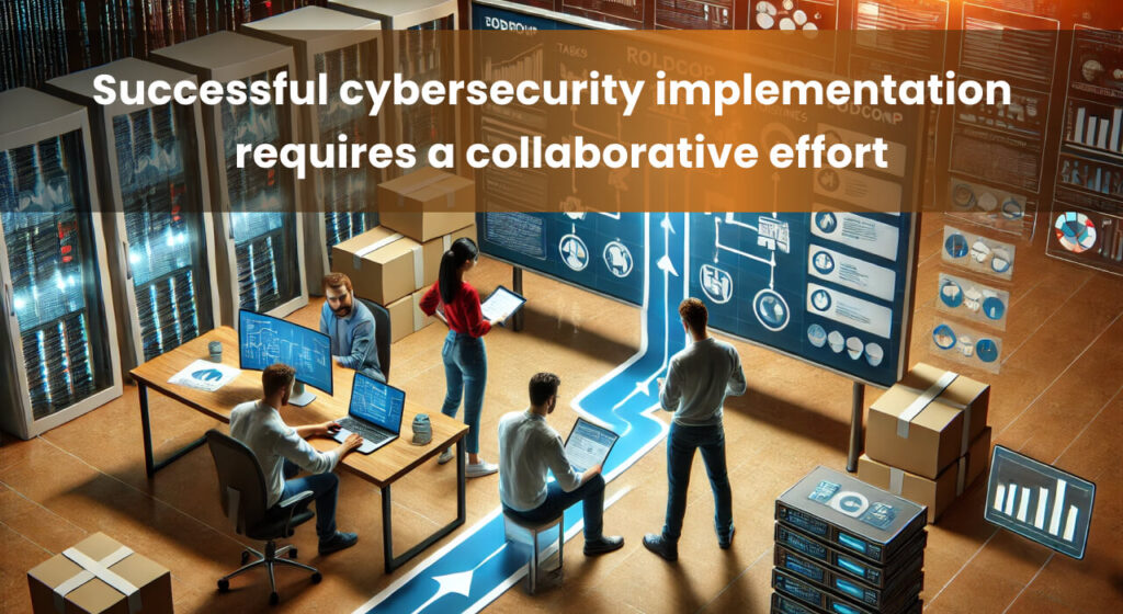 Three people working together to implement a cybersecurity plan, collaborating around a digital display showing the plan with various tasks and milestones. The environment is modern and tech-themed, featuring servers, data charts, and digital interfaces.
