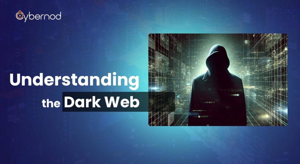 Silhouette of a hooded figure representing anonymity and secrecy in front of a dark digital background, symbolizing the hidden world of the dark web