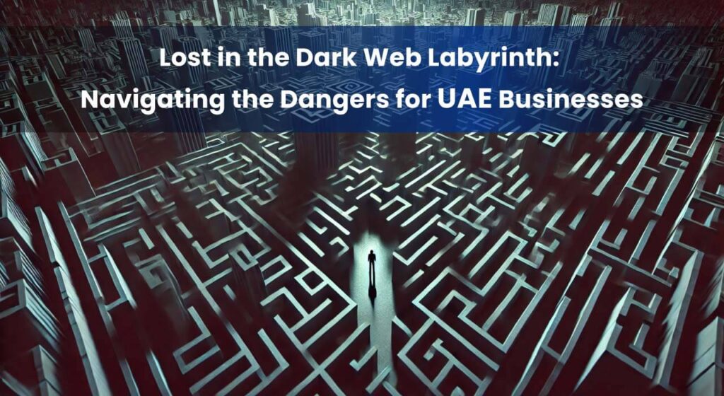 A person lost in a dark, complex digital labyrinth, symbolizing the challenges businesses face in navigating the dangers of the dark web.