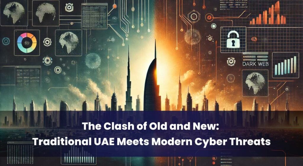 A split image showing the contrast between traditional UAE skyline and modern cyber threats from the dark web, symbolizing the clash of old and new challenges.