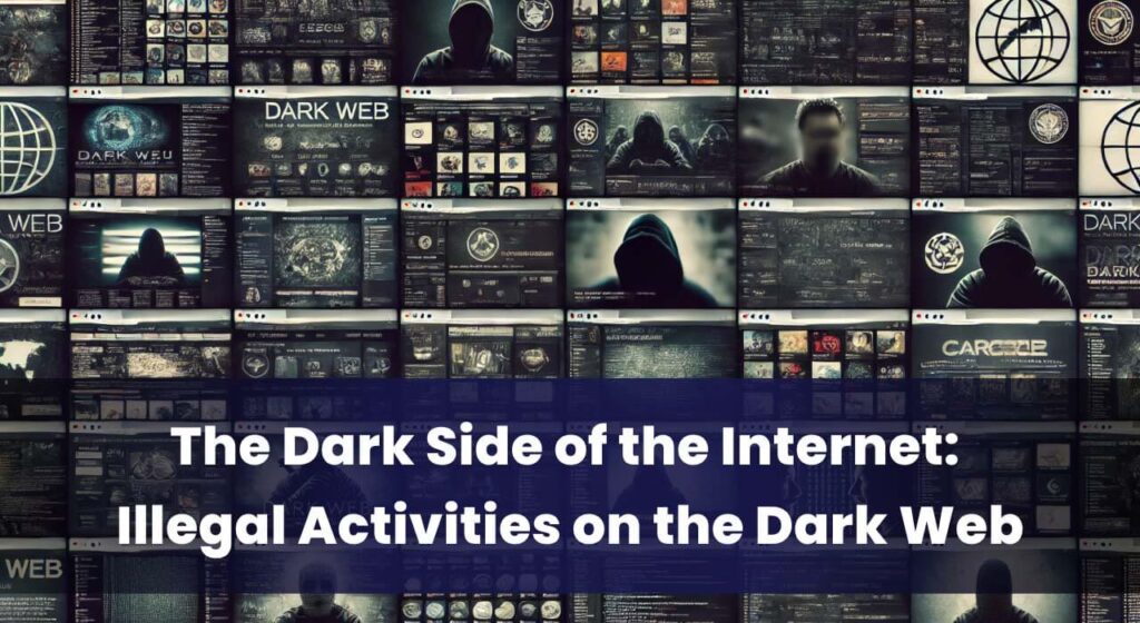A collage of dark web marketplaces and forums with blurred faces and logos, highlighting the hidden and illegal activities on the dark web