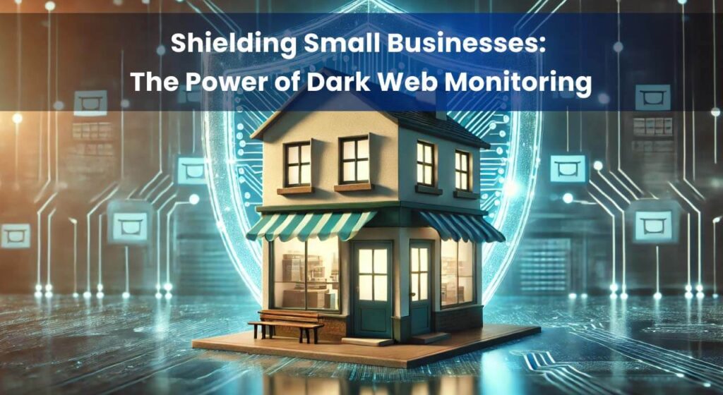A small business protected by a glowing digital shield, representing the benefits of dark web monitoring for SMBs.