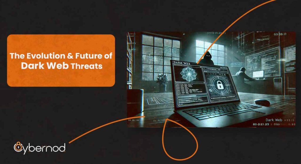 A laptop screen displaying dark web activity with malicious code, while a shadowy figure lurks in the background, symbolizing the dangers of dark web threats.