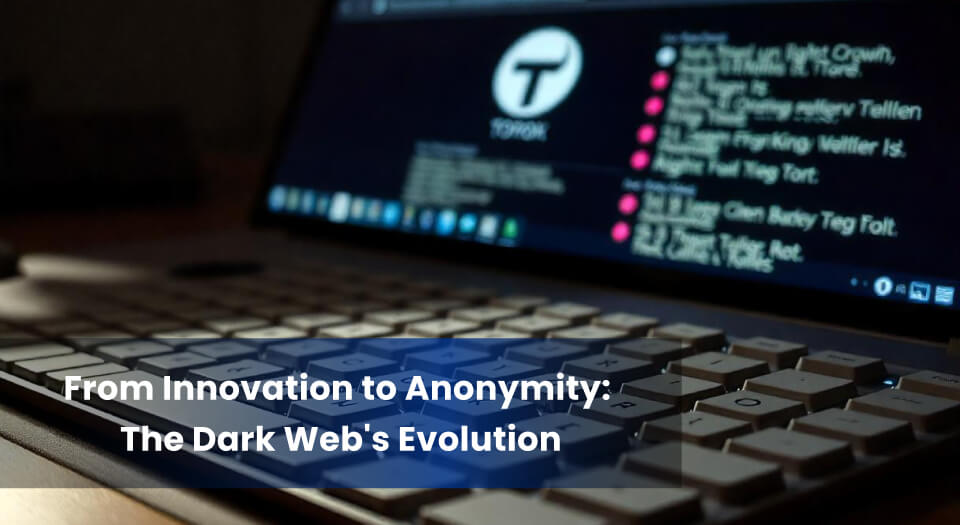 A close-up of a laptop keyboard with a dark web browser interface on the screen, symbolizing the evolution of the dark web from innovation to anonymity.