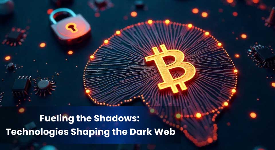 An illuminated Bitcoin symbol embedded in a circuit board, surrounded by glowing AI nodes and a padlock, representing technologies driving the dark web's evolution.