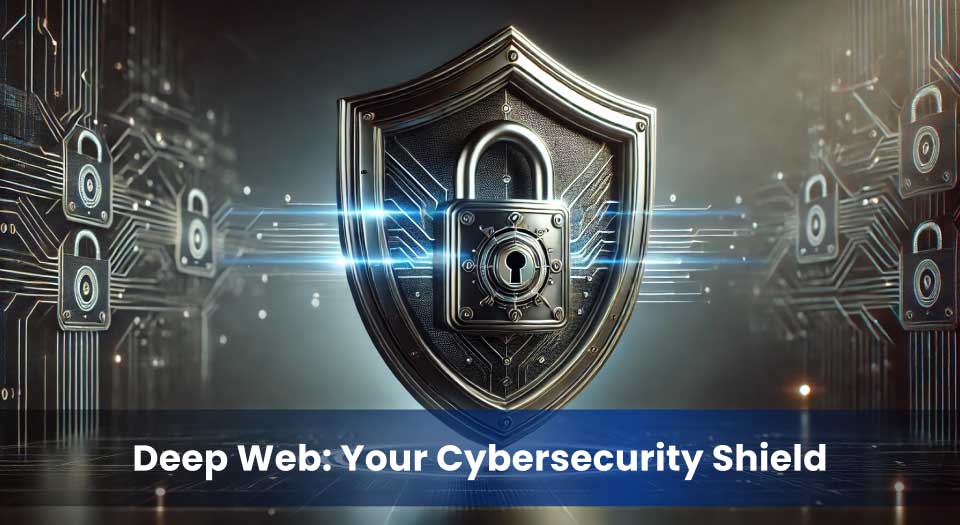 A stylized metallic shield with a lock in its center, symbolizing cybersecurity measures like data protection, deep web monitoring, and regulatory compliance for businesses.