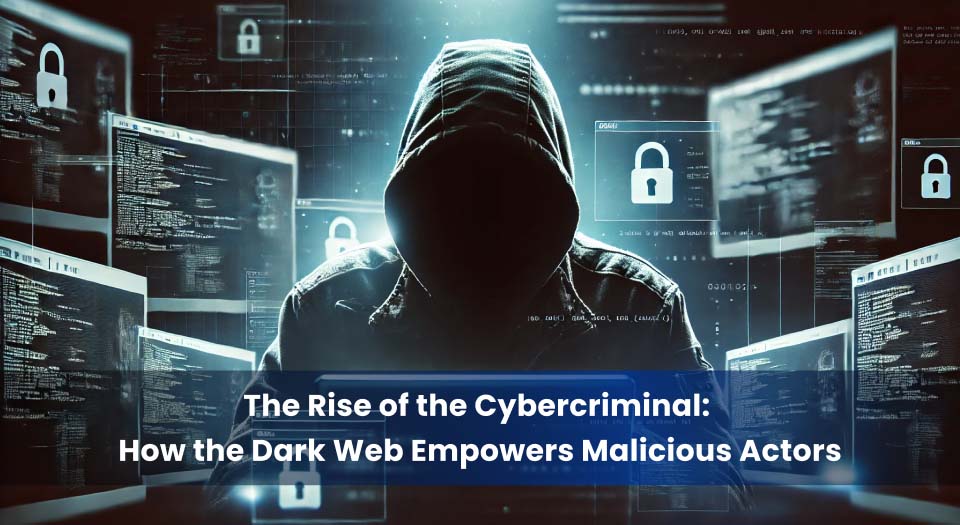 A hooded figure sits in a darkened environment, surrounded by glowing computer screens displaying secure padlock icons and code, symbolizing the anonymity and malicious activities facilitated by the dark web.