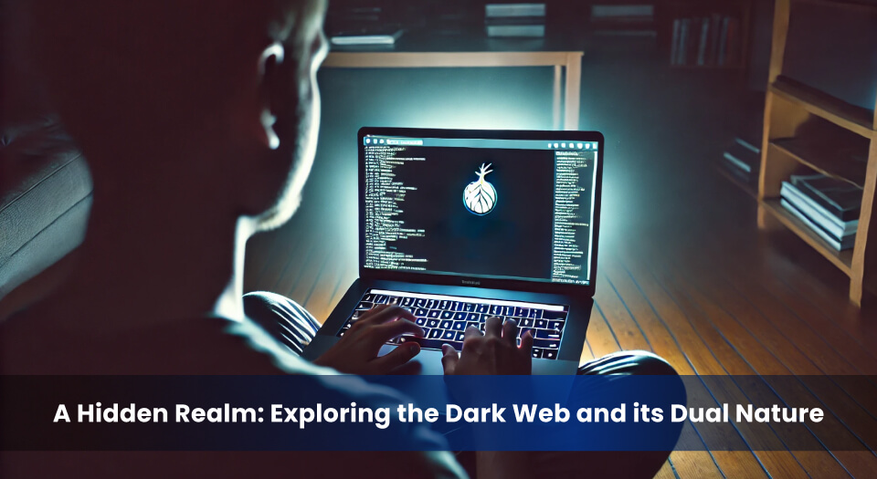 A person sitting in a dimly lit room using a laptop with the Tor browser open, displaying an onion logo and lines of text. The glowing screen illuminates their hands, symbolizing the anonymity and dual nature of the dark web.
