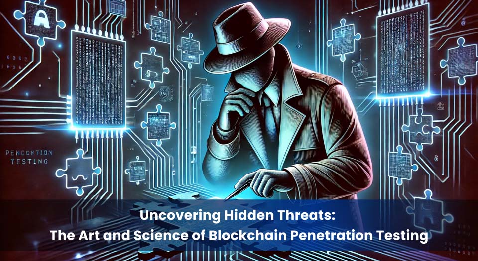 A stylized illustration of a detective or cybersecurity expert in a trench coat and fedora examining a glowing circuit board puzzle. The scene symbolizes the meticulous process of blockchain penetration testing, surrounded by digital patterns, holographic displays, and interconnected puzzle pieces.