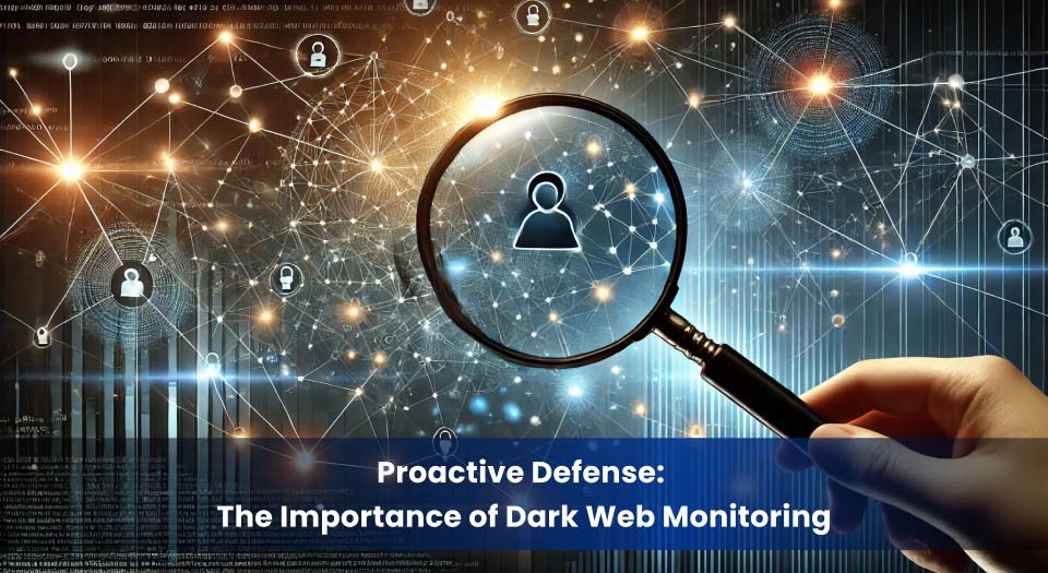 Magnifying glass examining a digital network with interconnected nodes, symbolizing the process of dark web monitoring for cybersecurity threats.