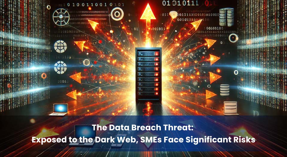 A compromised server at the center emitting glowing red arrows to laptops, databases, and devices, symbolizing a data breach impacting businesses.