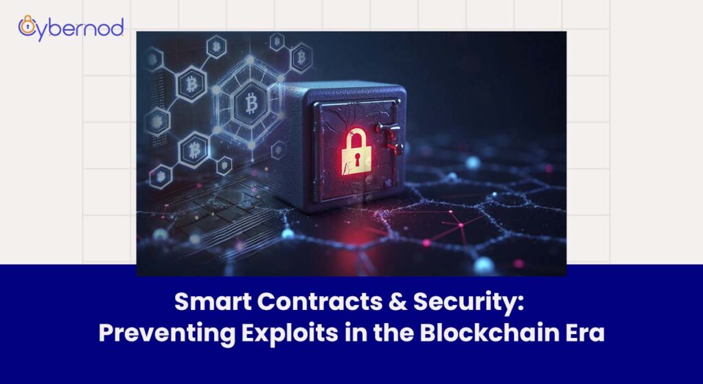 Cracked digital vault surrounded by blockchain nodes, representing smart contract vulnerabilities and cybersecurity risks in blockchain applications.