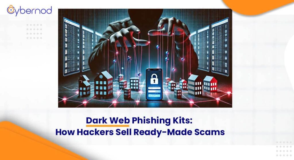 Cybercriminal manipulating a small business network using phishing kits from the dark web, illustrated with red strings and fake login screen.