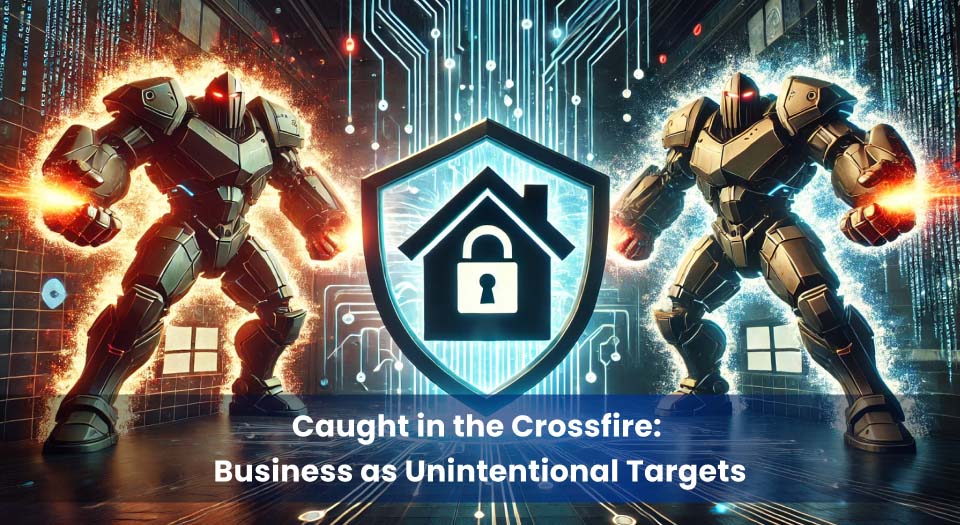 A small business security icon is shielded in the center while two massive cyber forces clash on either side, symbolizing SMBs caught in nation-state cyber conflicts.