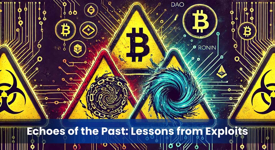 Hazard symbols representing the DAO, Wormhole, and Ronin blockchain exploits, over a digital circuit background highlighting smart contract vulnerabilities.