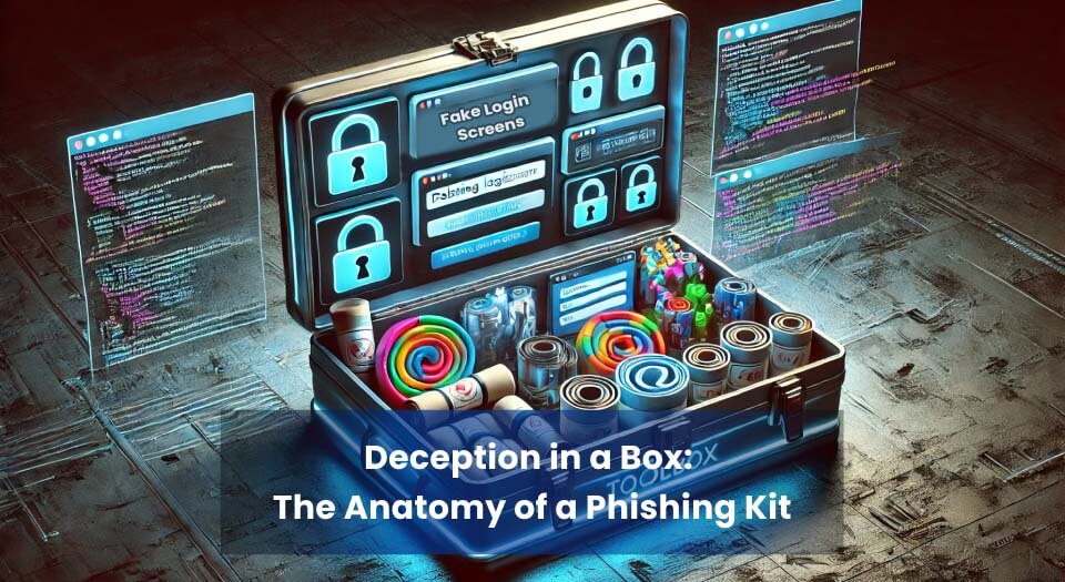 A futuristic, partially opened toolbox filled with phishing tools including fake login screens, digital email scrolls, and code snippets, symbolizing how phishing kits are sold on the dark web to target small businesses.