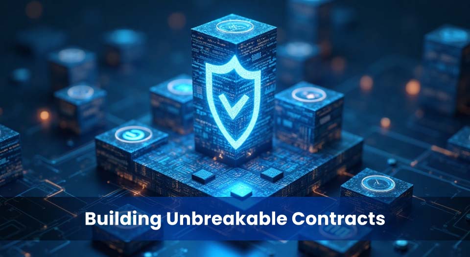 Digital shield icon built from glowing data blocks, representing secure smart contract practices like audits, RBAC, timelocks, and formal verification.