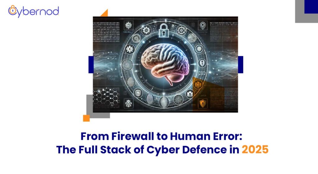 A digital illustration of a stylized human brain surrounded by concentric layers of cybersecurity icons including locks, biometric fingerprints, and binary code. The image symbolizes the layered approach to cyber defence, highlighting human awareness as the innermost, crucial layer.