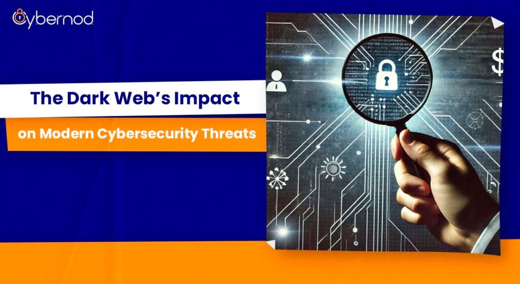 A professional hand holding a magnifying glass over a digital surface with network lines, revealing a lock icon that symbolizes hidden threats from the dark web. The design represents the investigation and discovery of cybersecurity vulnerabilities and data leaks.