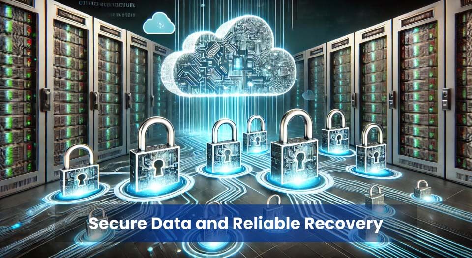 A futuristic data center with glowing encrypted padlocks and digital data streams flowing into a secure cloud, representing encrypted data backup and offsite storage.