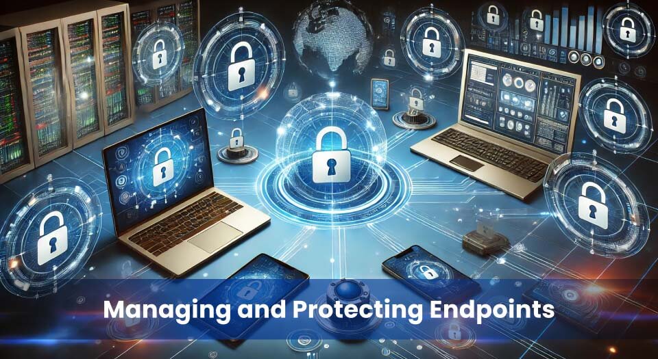 A futuristic digital illustration showing laptops, smartphones, and other devices protected by glowing lock icons, representing endpoint security and device management in a hybrid IT environment.