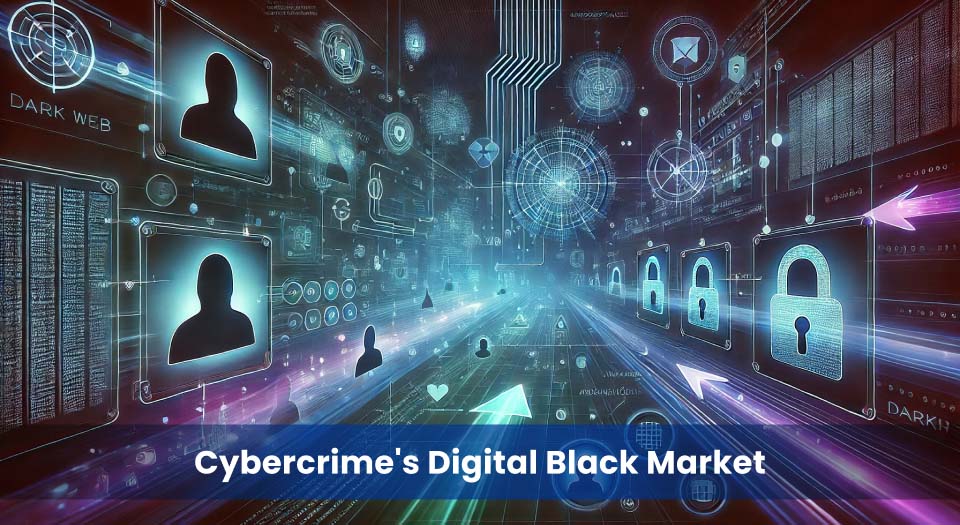 This image illustrates the hidden infrastructure of the dark web, depicting it as a dynamic digital black market. On the left, anonymous user silhouettes hint at covert identities and illicit accounts. On the right, rows of glowing padlocks represent encrypted data being trafficked. Central to the image are glowing lines and abstract UI elements symbolising real-time data exchanges and cyber tools in motion.