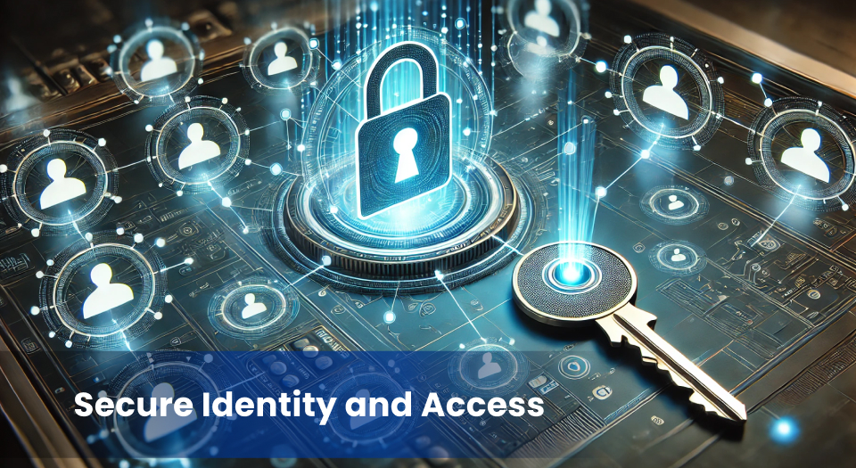 A futuristic digital key unlocking a glowing padlock surrounded by interconnected user icons, symbolizing secure identity and access management across a networked system.