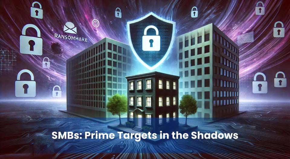 A small business building sits between two larger corporate structures, surrounded by floating lock icons and shadowy ransomware symbols, symbolizing the vulnerability of SMBs to cyber threats from the dark web.