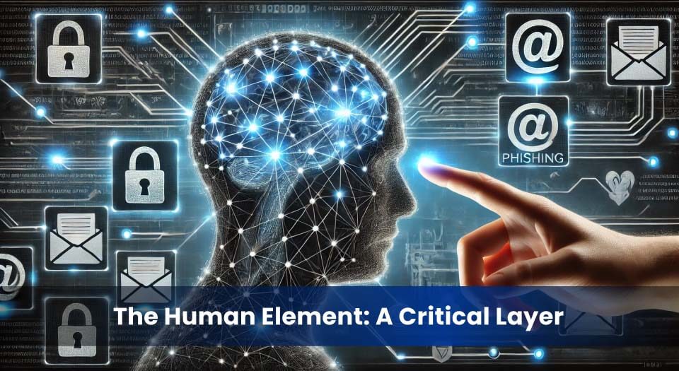A digital illustration showing a human silhouette with glowing neural nodes in the brain area and a hand reaching toward a phishing icon, representing cybersecurity awareness and the human role in threat prevention.